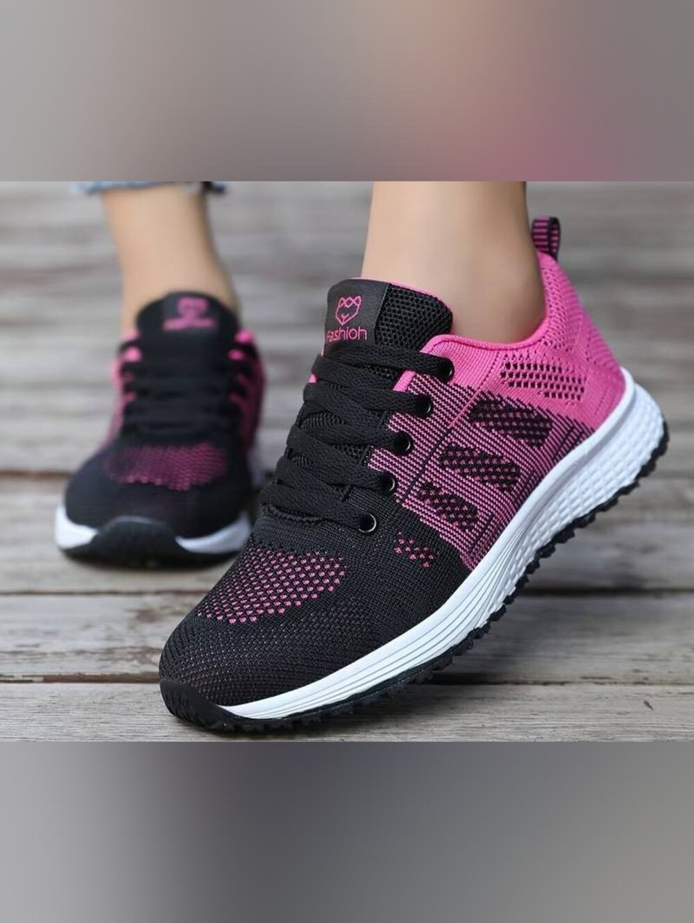 Mesh Knit Black & Pink Women's Athletic Sneakers -